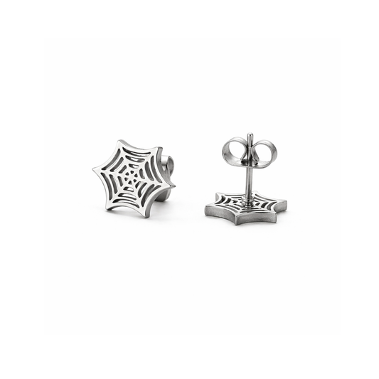 Silver spiderweb-shaped earrings on a white background