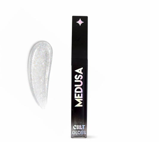 Cult Cosmetics Medusa lip gloss with black packaging on a white background