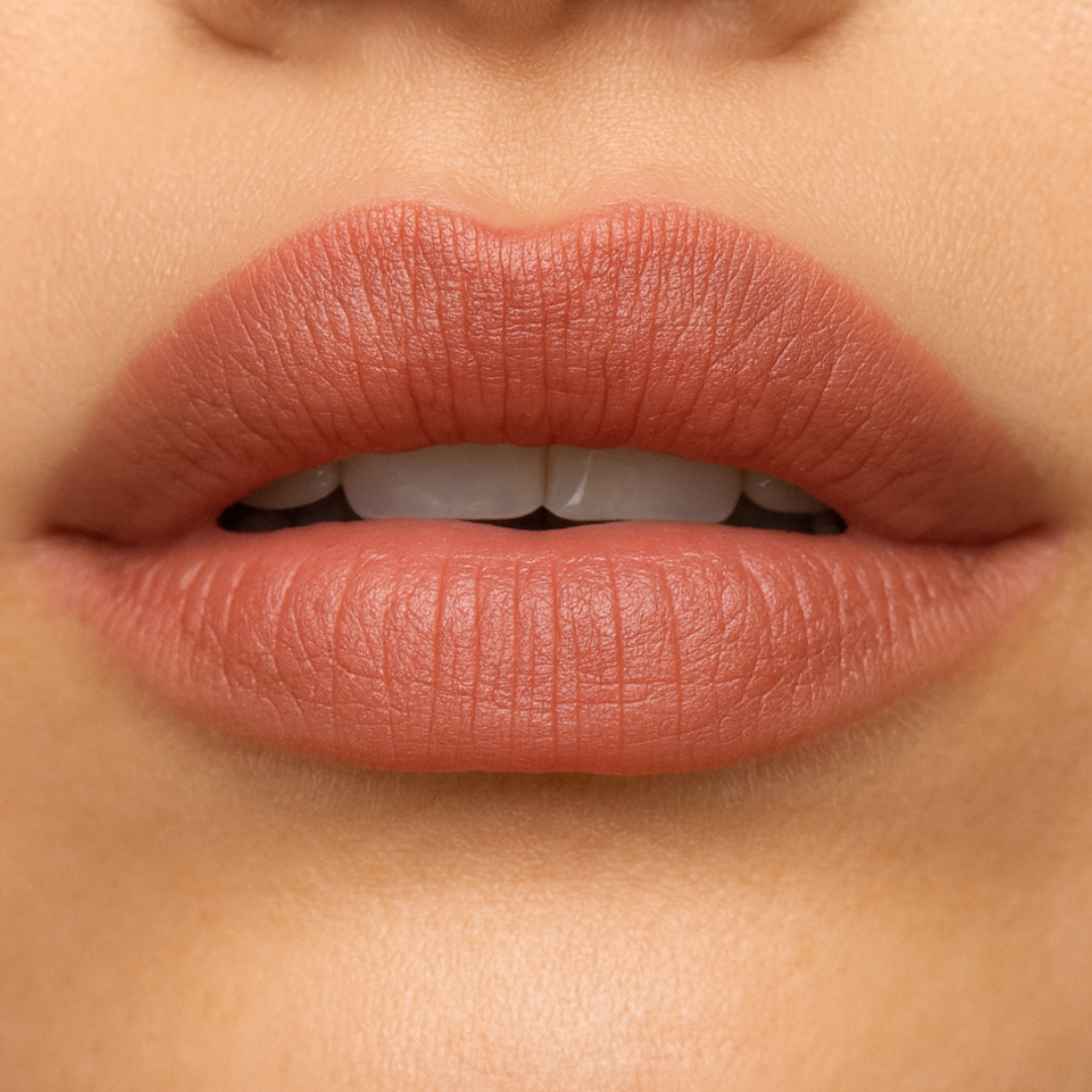 Close-up of a person's lips with a soft pink lipstick