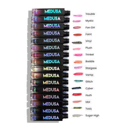 Collection of Medusa makeup products with color swatches on a white background