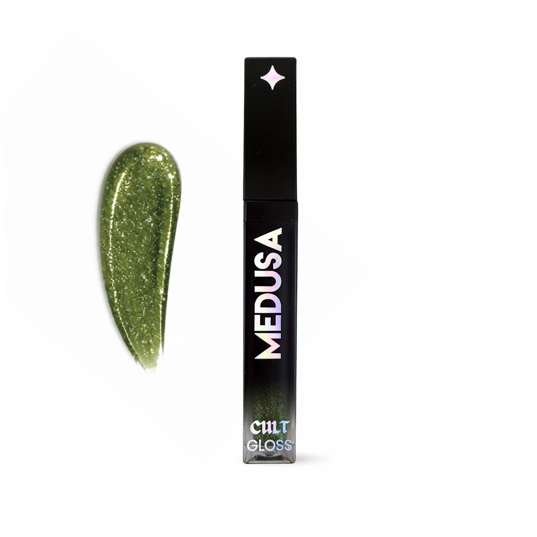 Lip gloss with green glittery finish and black container labeled 'MEDUSA' on a white background