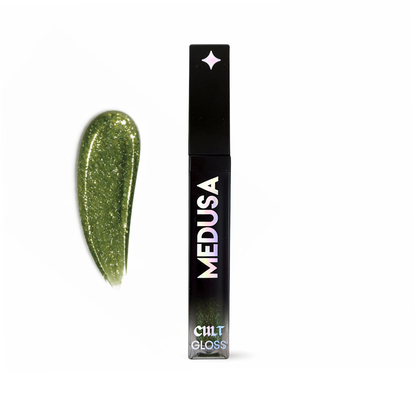 Lip gloss with green glittery finish and black container labeled 'MEDUSA' on a white background