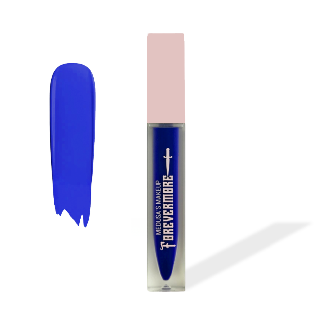 Blue lip gloss with pink cap on a white background