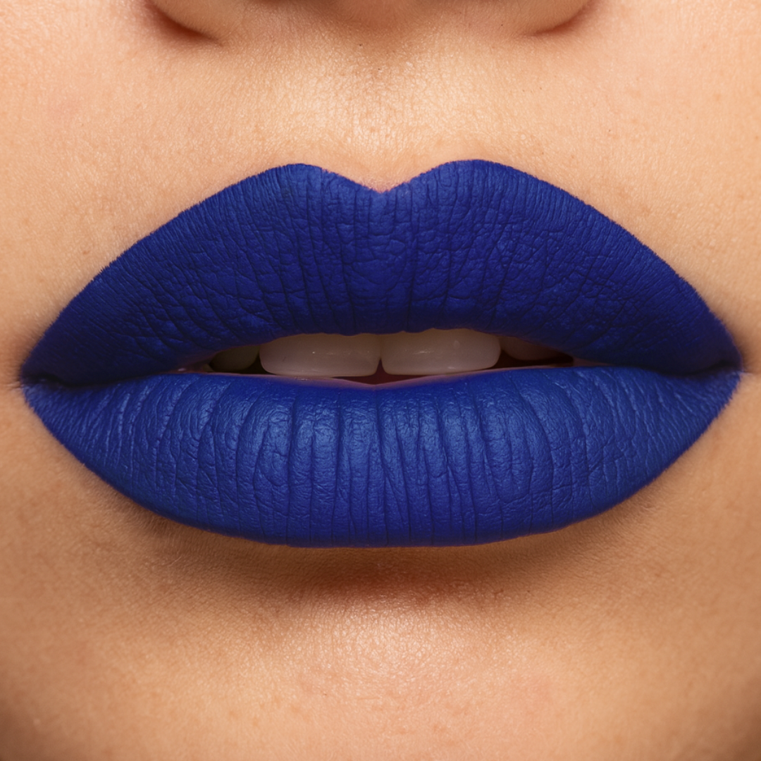 Close-up of blue lipstick on lips with a neutral background