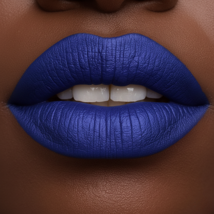 Close-up of a person wearing bright blue lipstick on a brown background