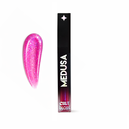 Pink glittery lip gloss with black packaging on a white background