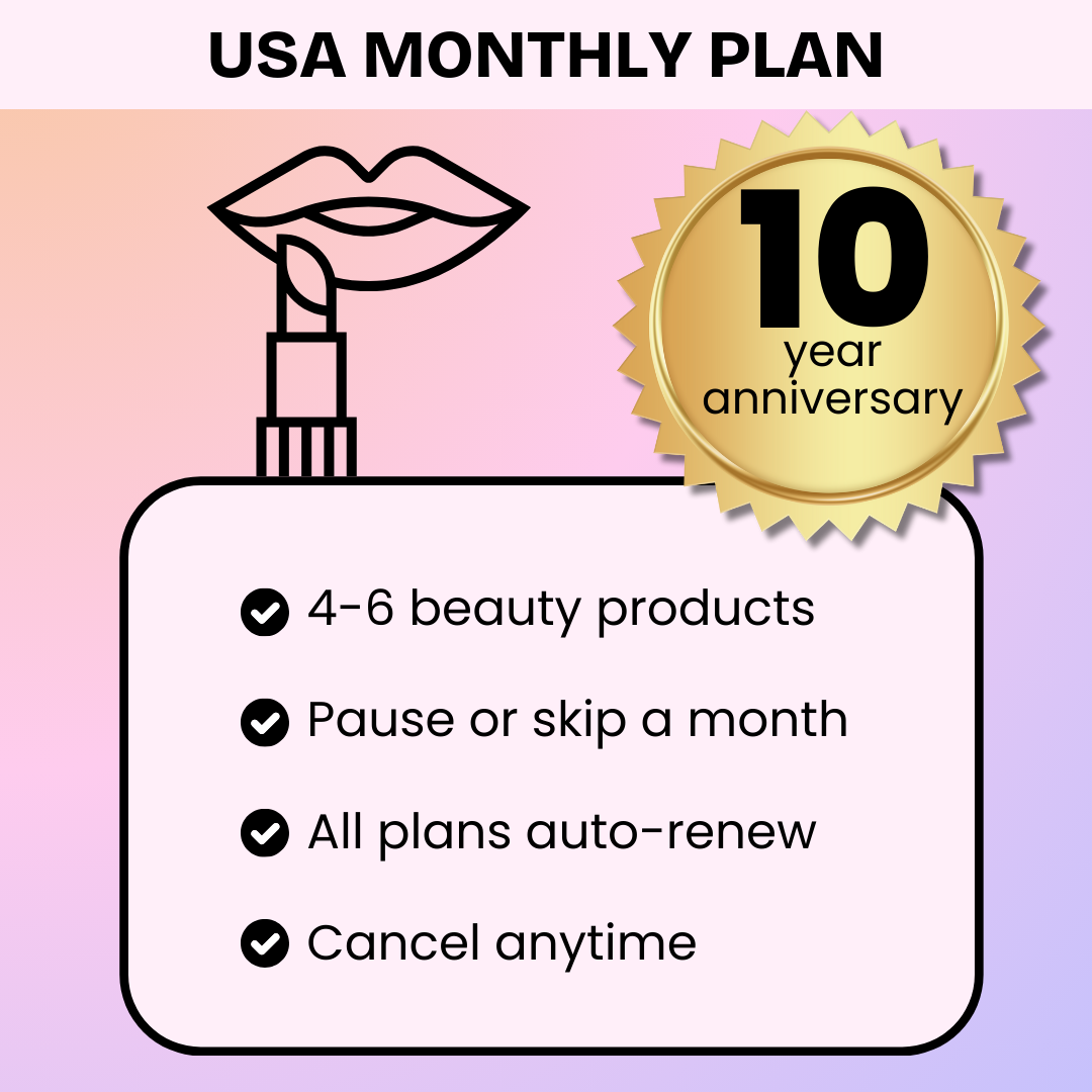 USA Monthly Beauty Plan advertisement with lip product graphic and 10-year anniversary badge on a gradient background.