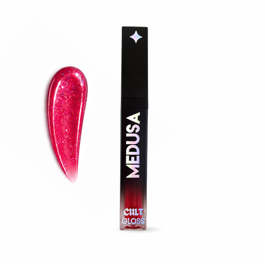 Lip gloss with black packaging labeled 'MEDUSA' on a white background