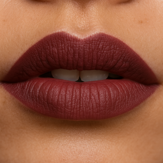 Close-up of a person wearing a deep red lipstick on a neutral background