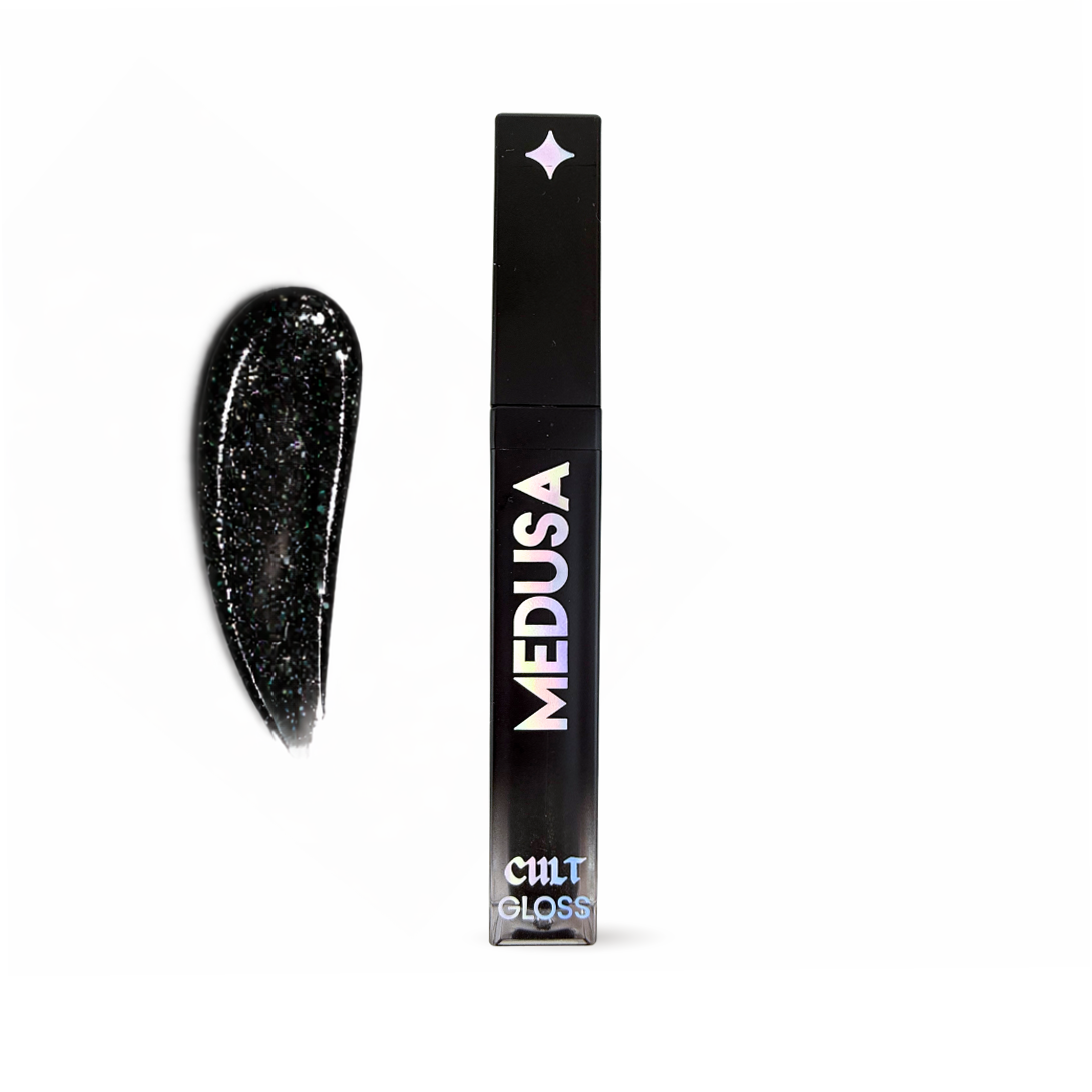 Black glittery lip gloss with 'Medusa' packaging on a white background