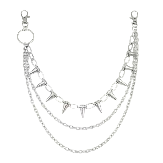 Silver chain belt with spike-like attachments on a white background