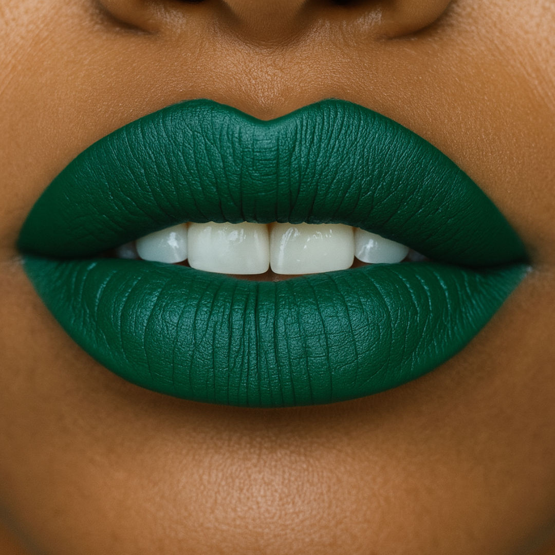 Close-up of a person wearing dark green lipstick on a neutral background