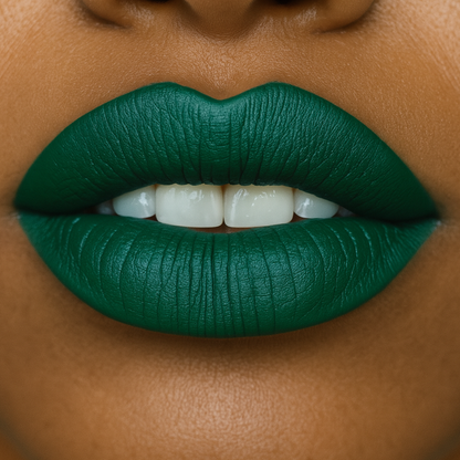 Close-up of a person wearing dark green lipstick on a neutral background
