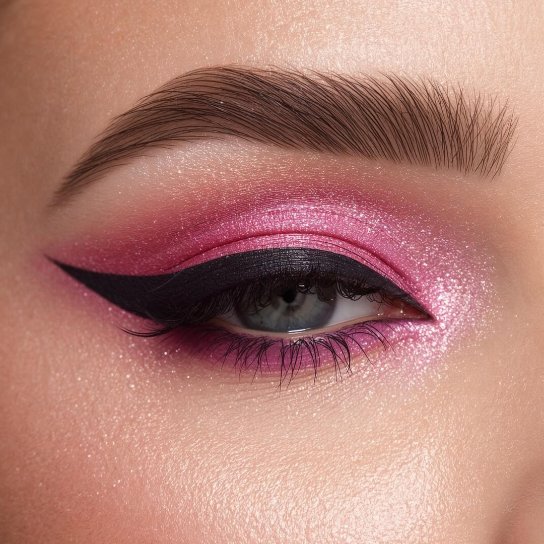 Close-up of a eye with pink and black makeup
