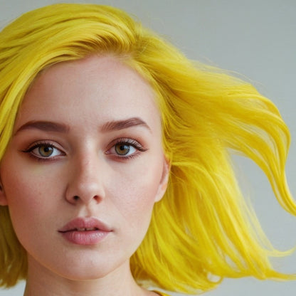 Close-up of a person with bright yellow hair against a neutral background
