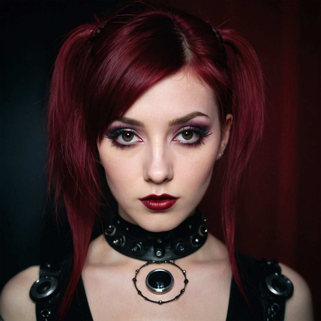 model wearing dark red hair fang