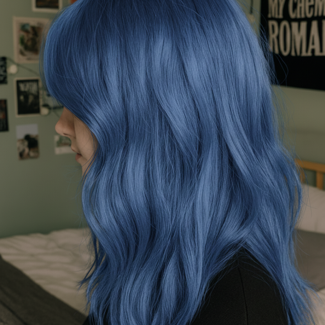Person with blue hair in a bedroom setting