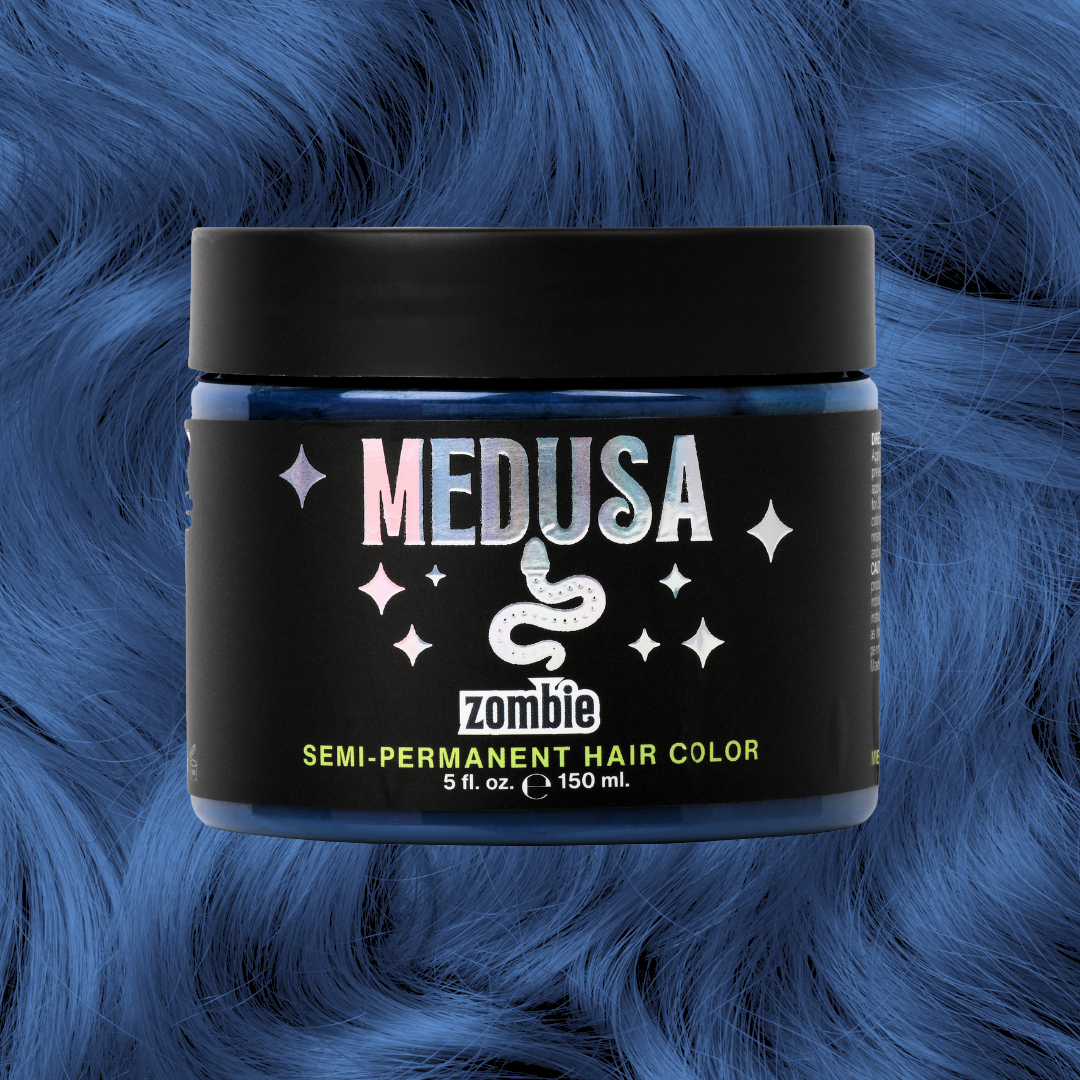 Medusa zombie semi-permanent hair color jar with blue hair background