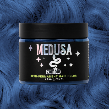 Medusa zombie semi-permanent hair color jar with blue hair background