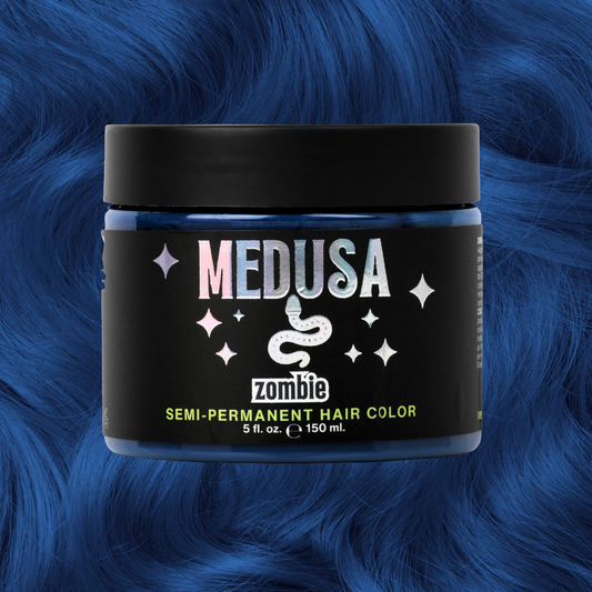 Jar of Medusa zombie semi-permanent hair color against a blue hair background