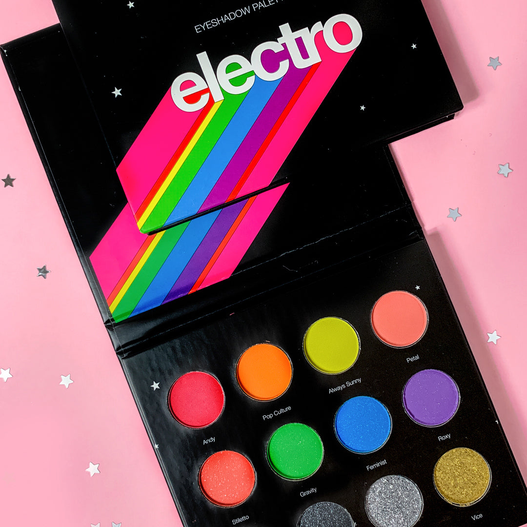 Electro Eyeshadow Palette. Bright eyeshadow colors in a black eyeshadow palette. 12 rainbow colors