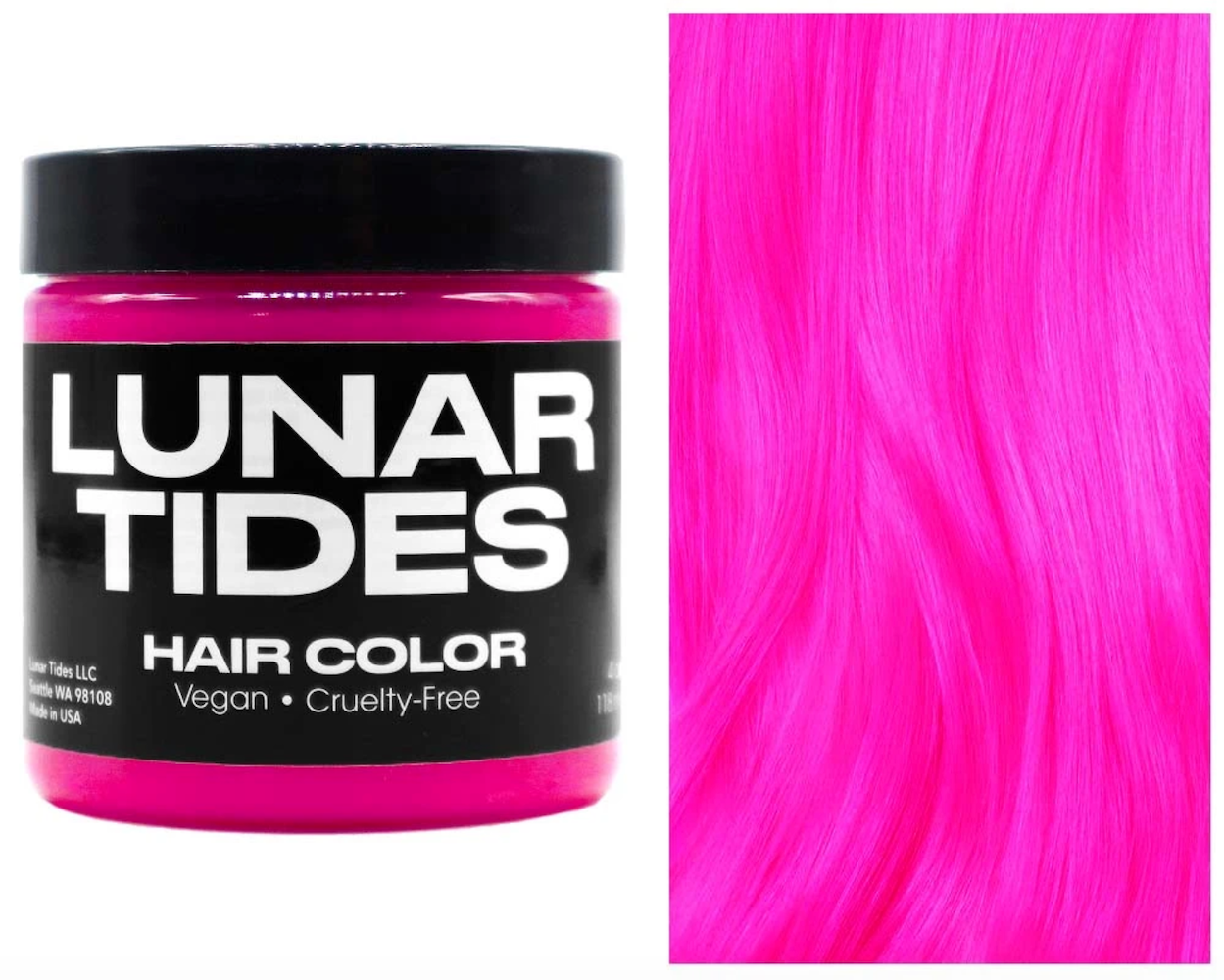 Lunar Tides Hair Dye - Neon Dragonfruit, a neon pink jar of hair dye. Example of pink hair.