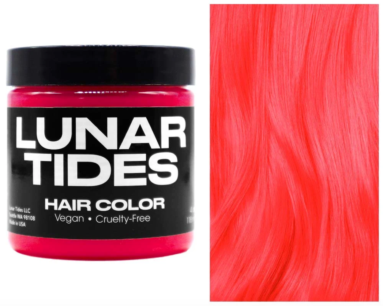 Lunar Tides Hair Dye - Neon Guava, a neon orange jar of hair dye. Example of orange hair.
