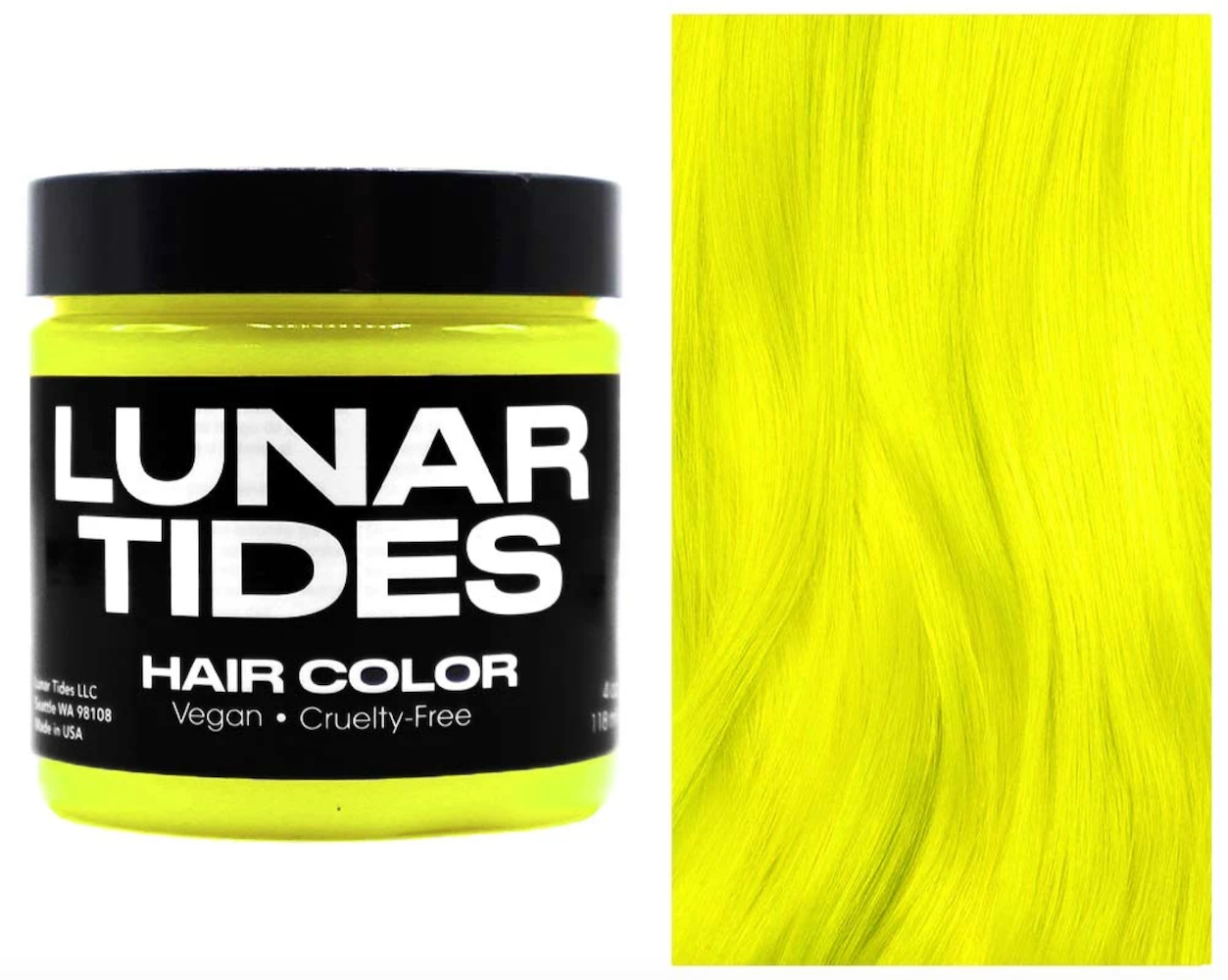 Lunar Tides Hair Dye - Neon lemon, a neon yellow jar of hair dye. Example of yellow hair.