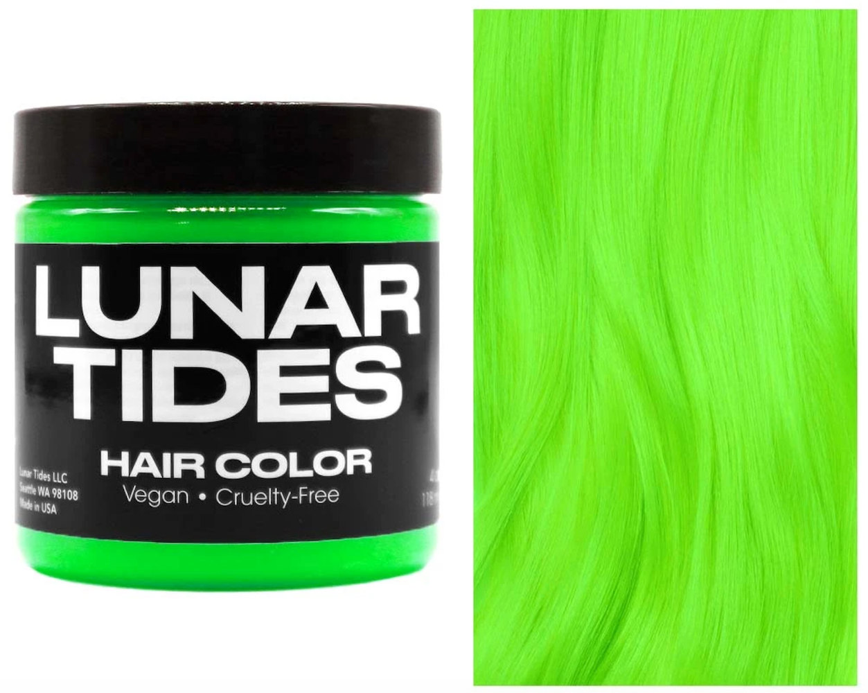 Lunar Tides Hair Dye - Neon lime, a neon green jar of hair dye. Example of green hair.