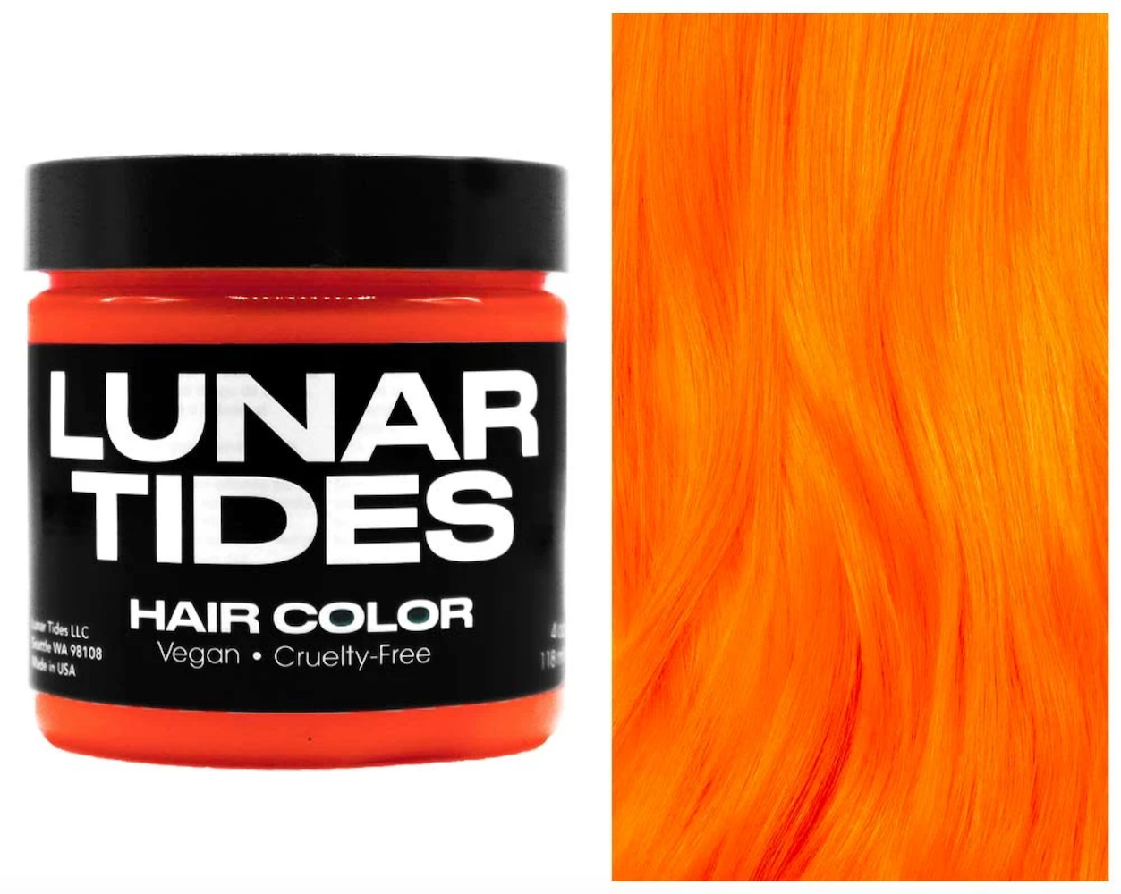 Lunar Tides Hair Dye - Neon tangerine, a neon orange jar of hair dye. Example of orange hair.