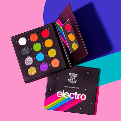 Electro Eyeshadow Palette. Bright eyeshadow colors in a black eyeshadow palette. 12 rainbow colors