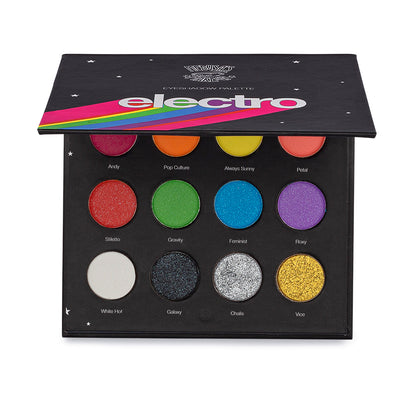 Electro Eyeshadow Palette. Bright eyeshadow colors in a black eyeshadow palette. 12 rainbow colors