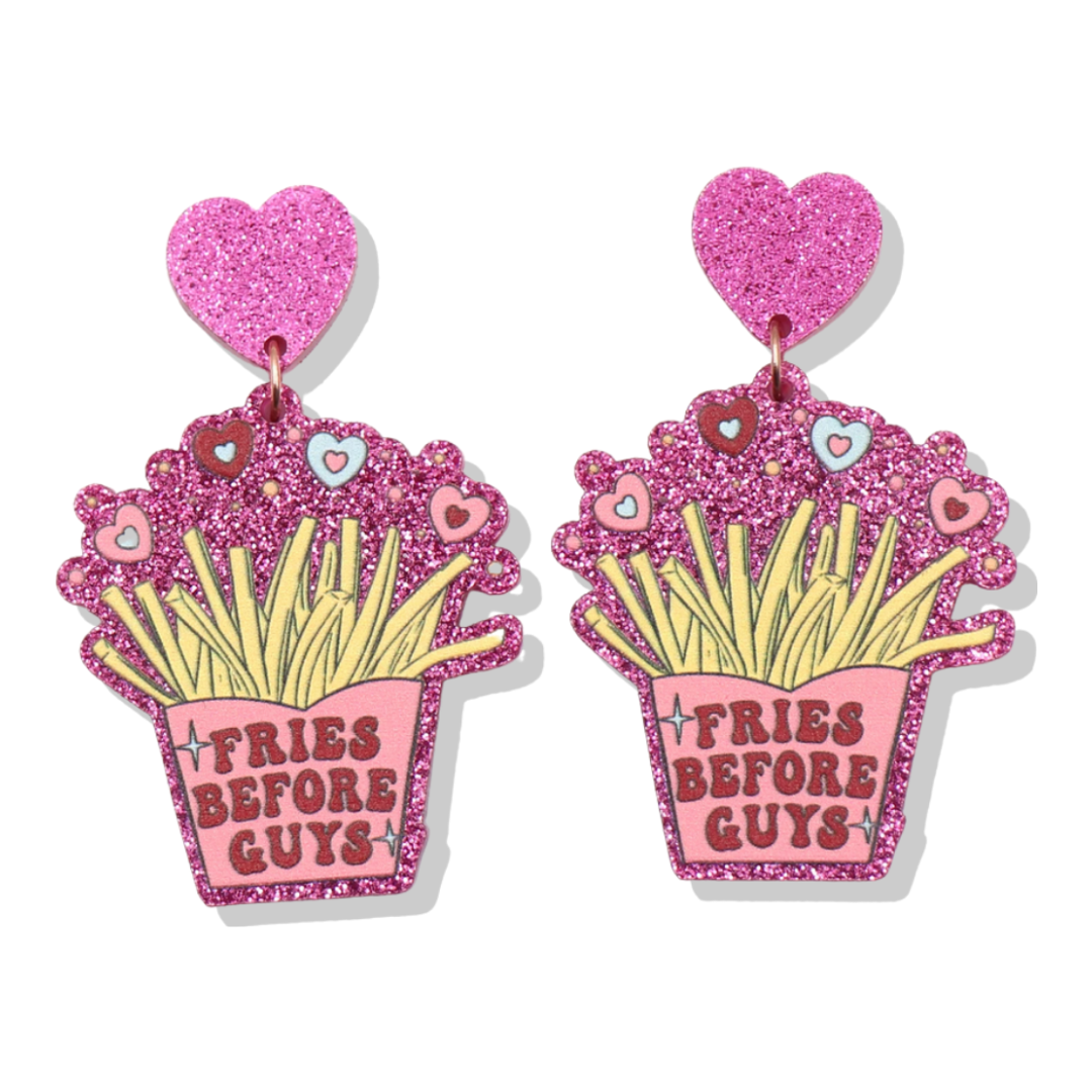 Fries Before Guys - Pink Glitter Earrings